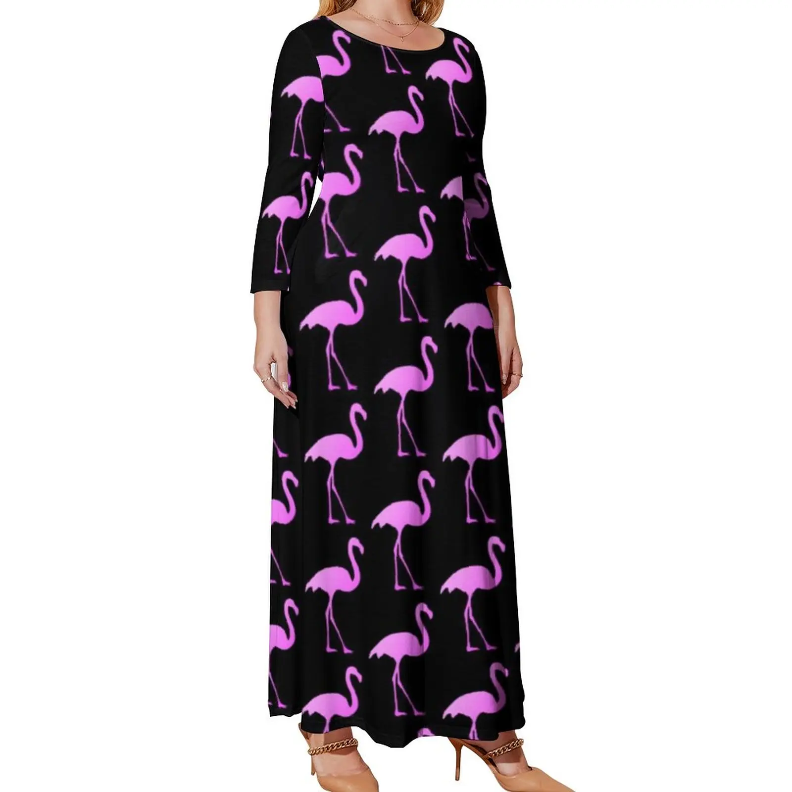 

Birds Print Dress Pink Flamingo Cute Maxi Dress Basic Bohemia Long Dresses Print Clothes Big Size