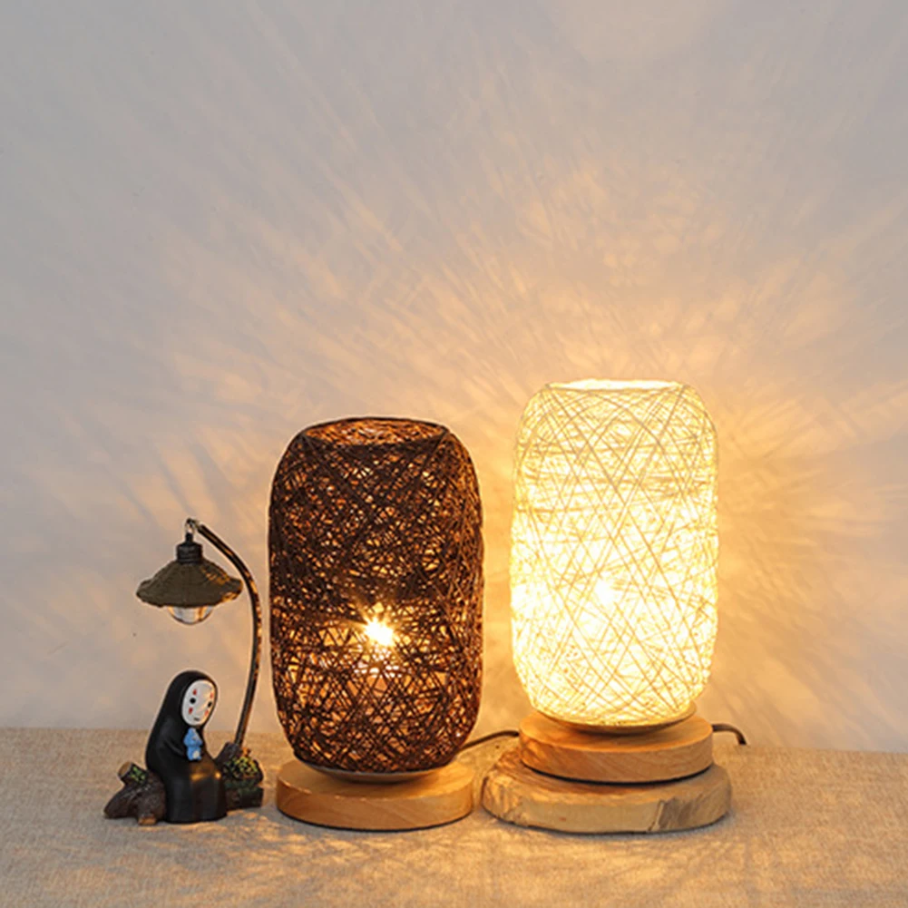 

Деревянная светодиодсветодиодный настольная лампа, прикроватный светильник из ротанга для спальни, гостиной, Простой декоративный ночник с регулируемой яркостью, домашнее художественное освещение
