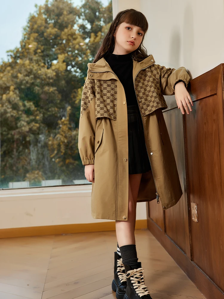 

Junior Girl's Jacket Trench Coat Spring Autumn Long Style Hooded Windbreaker For Girl Kids Fashion Patchwork Color Outerwear