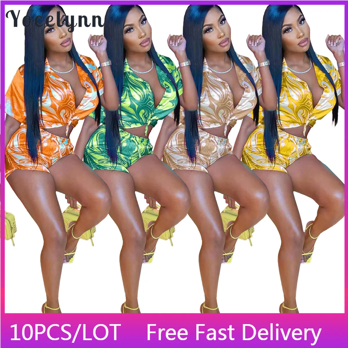 

10PCS Bulk Items Wholesale Lots Summer Two Piece Sets for Women Tie Dye Printing Shirt and Shorts Set Beachwear Vacation Outfits