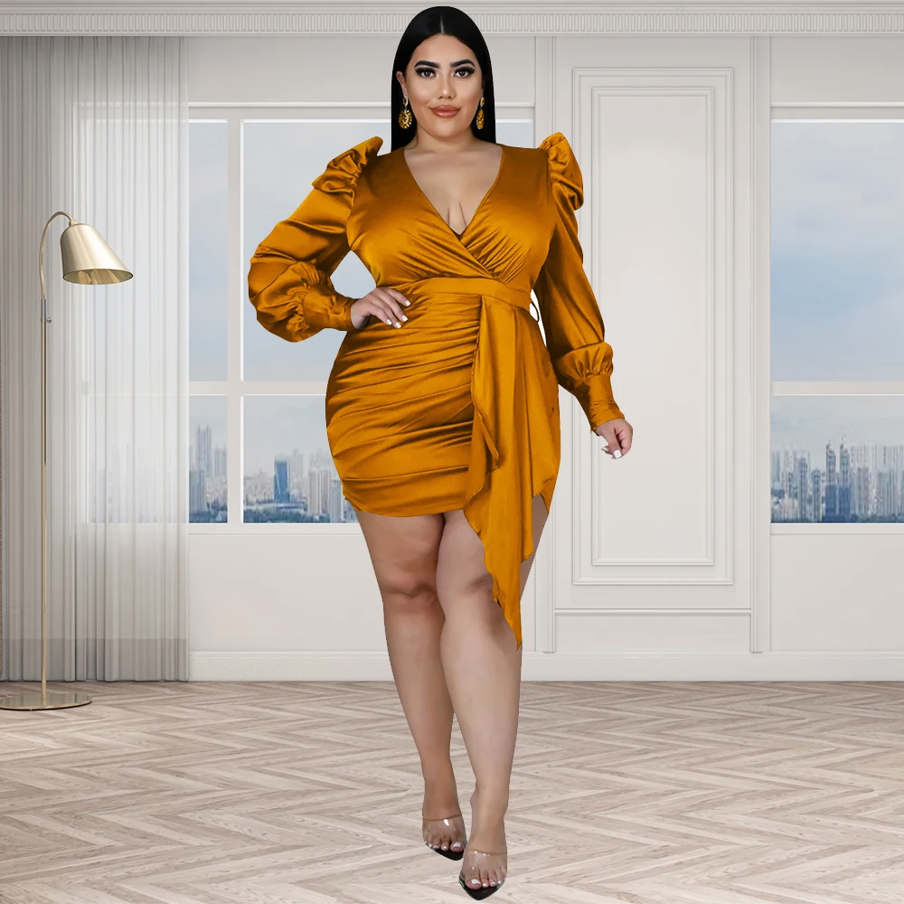 

Plus Size Women Clothing Deep V Neck High Waist Silk Ribbon Pleated Long Sleeves Sexy Party Birthday Mini Dresses Wholesale