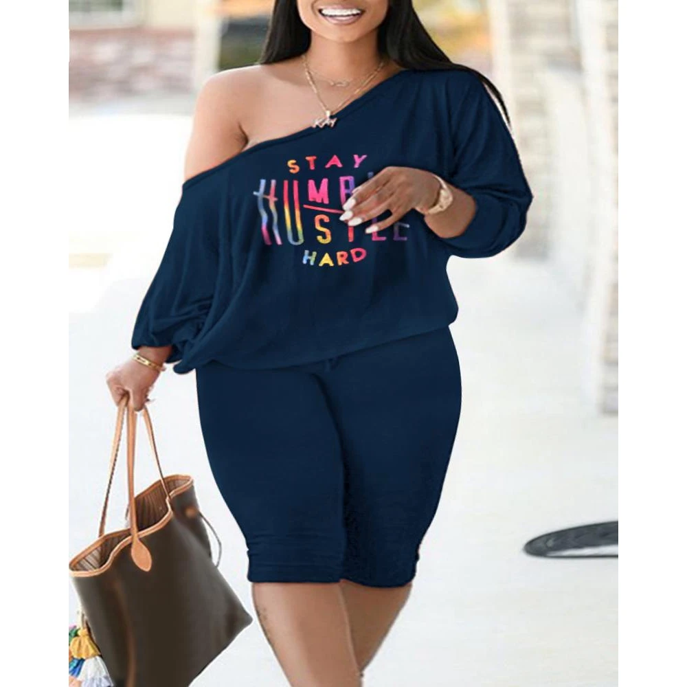 Summer Casual Camouflage Letter Print Skew Collar Cold Shoulder Tee Top & Capris Pants Set 2 Piece Set Women Outfits Streetwear