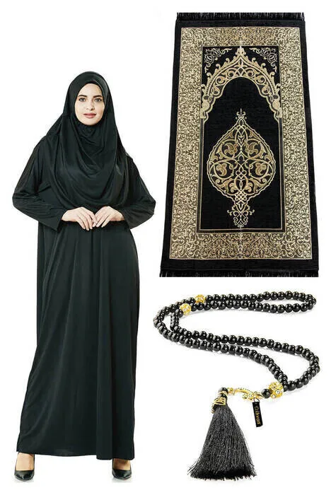 IQRAH One-Piece Prayer Gown-Prayer Rug-Rosary-Worship Set-Black