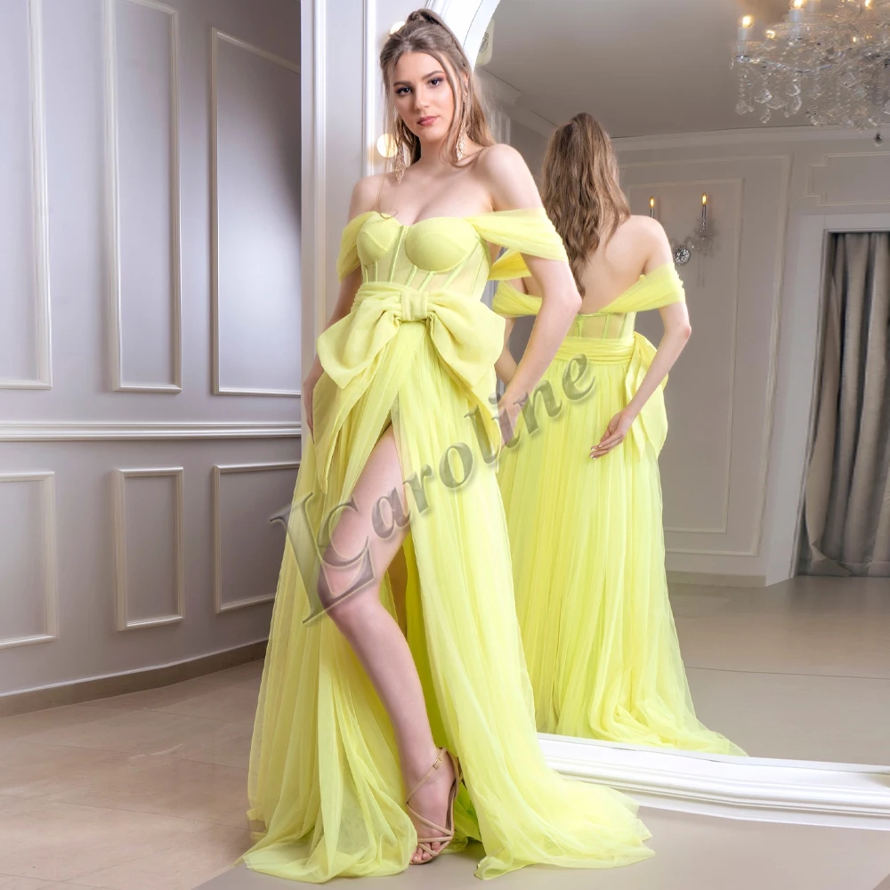 

Caroline Sexy Backless Tulle Evening Dresses For Women 2023 Off The Shoulder Bow Side Slit Custom Made Vestidos Robes De Soirée