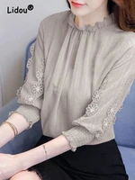 elegance solid color printing lace chiffon pullover shirt women new classic 34 sleeve shirring loose fashion temperament top