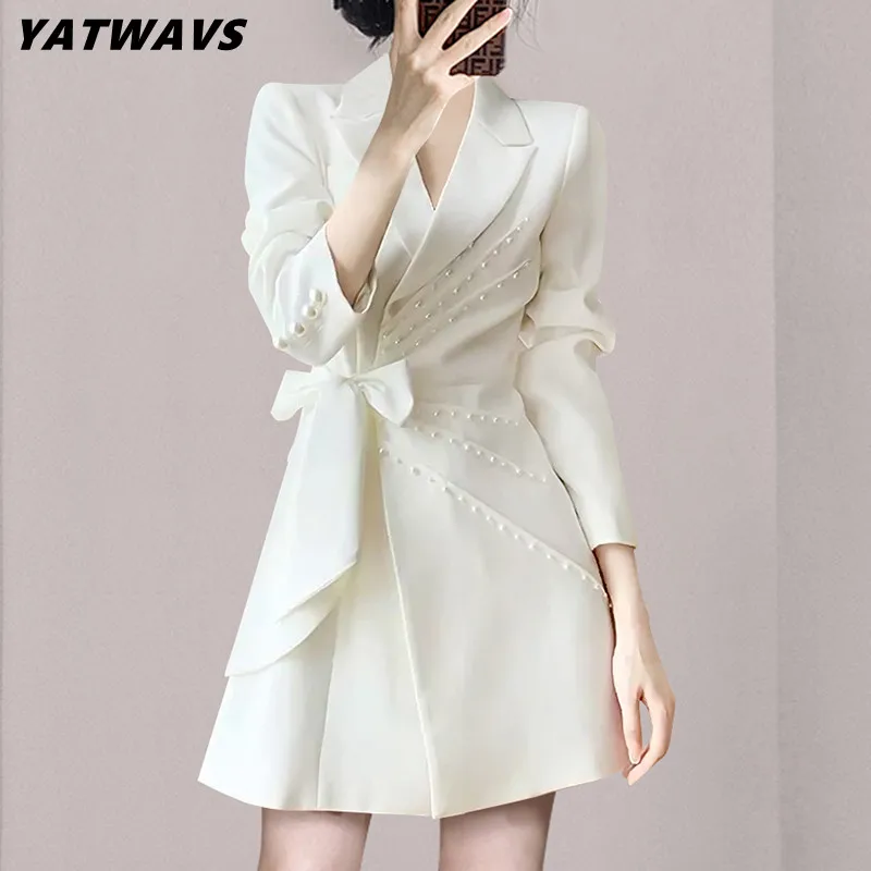 YATWAVS High-End Autumn Women White Blazer Dress New Korean Designer Beaded Lace-Up Casual Sheath Elegant Work Mini Dresses