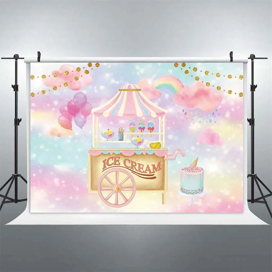 

Ice Cream Cart Birthday Party Backdrop 7x5ft Vinyl for Girls Photography Watercolor Rainbow Clouds Background Poster Cake Banner