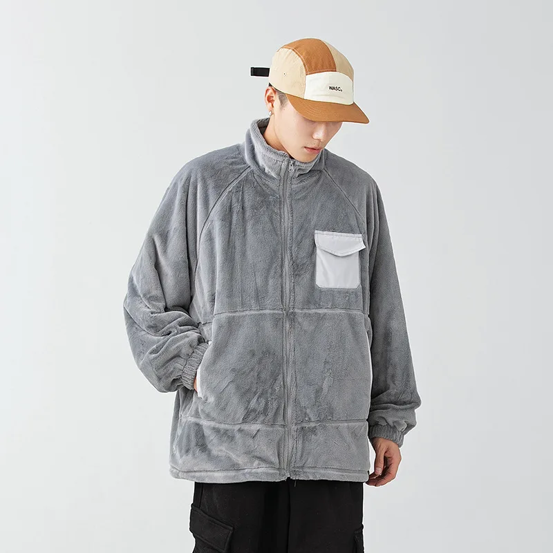 LUCLESAM Men's Lamb Wool Coats Stitching Stand Collar Loose Cotton Jackets Autumn and Winter New Male Casual Warm Down Jacket