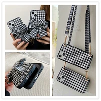 fashion bowknot lanyard lattice leather shell anti fall protective cover phone case for iphone 13 12 11 pro xs max xr x 8 7 plus
