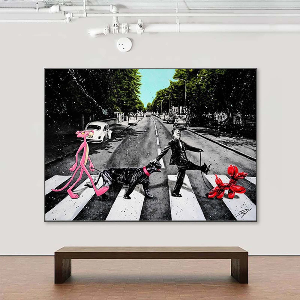 

Pink Panther Dog Graffiti Canvas Prints Poster Man Walk On Street Street Art Painting Wall Picture For Living Room Home Decor