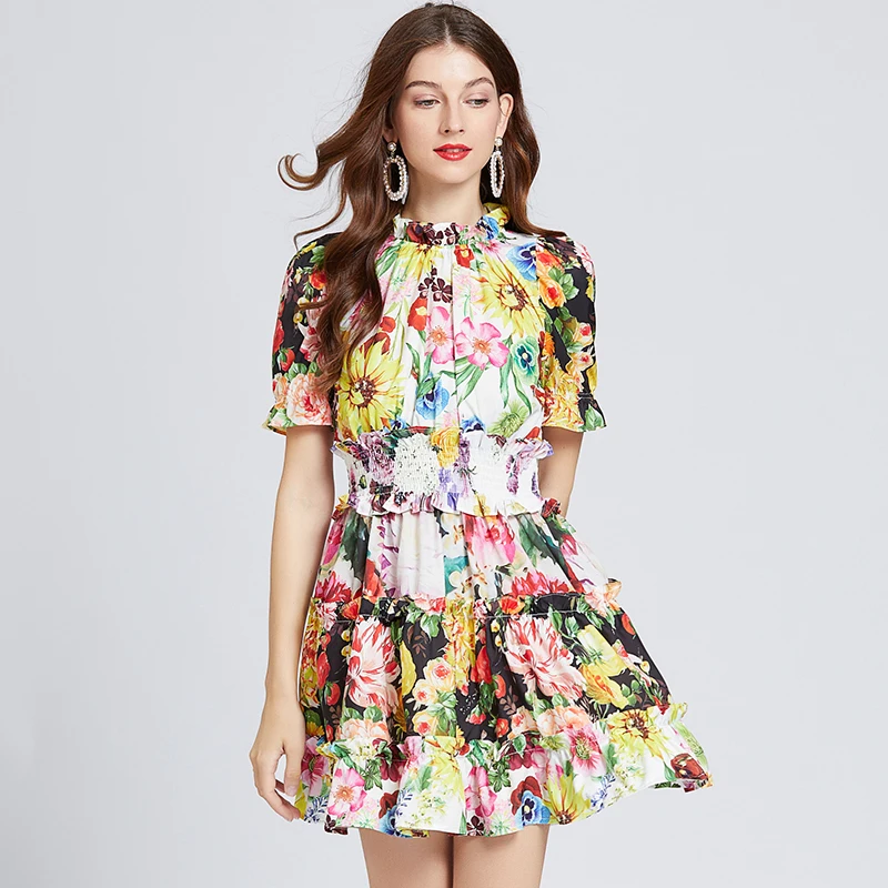 

New Summer Women Turtleneck Short Sleeve Elastic Slim Mini Dress High Quality Sweet Floral Patchwork Vacation Dress