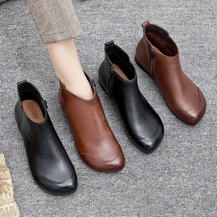 

Winter Flat Women Shoes Ankle Boots Retro Casual Plus Size Short Boots Female Zipper Solid Color Warm Flats Boots Botas Mujer