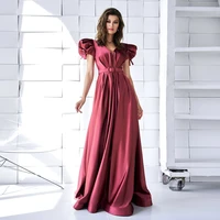 burgundy floor length evening dresses v neck draped satin elegant wedding party gown for woman cap sleeve zipper back vestidos