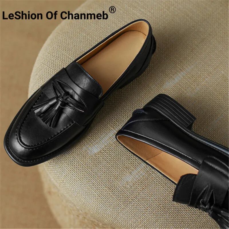 

LeShion of Chanmeb Woman Real Cow Leather Loafers Fringe Black Slip-on Tassel Flats Shoes Ladies Casual Leisure Spring Autumn 40