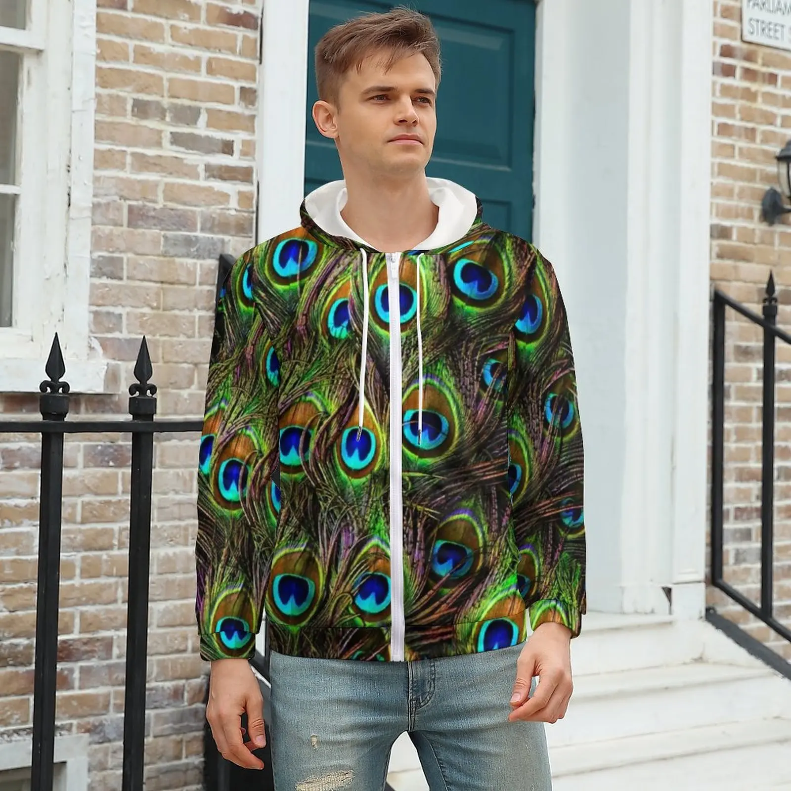 

Peacock Feathers Hoodies Colorful Print Winter Polyester Hoodie Streetwear Zip Up Hoodie For Man Plus Size XXXL