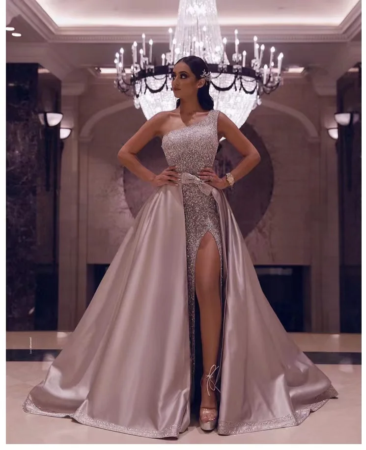 

detachable skirt sliver sparkly prom dresses one shoulder shinning evening dresses 2022