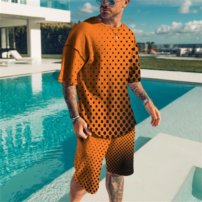 2023 Summer New Men's Casual Beach Short Sleeve Suit Fashion Street Wear O Collar T-shirt + Shorts Two Piece Tracksuit For Man