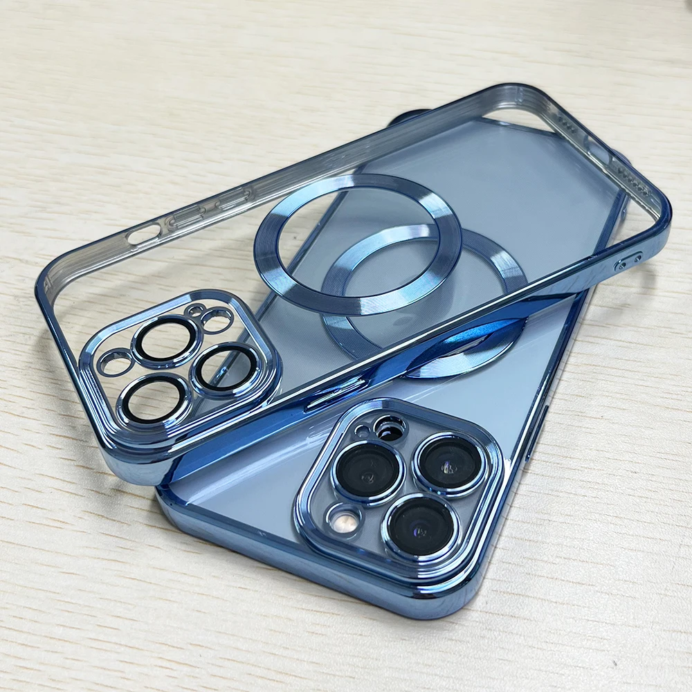 

Luxury Plating Transparent Magnetic Charging Phone Case for iPhone 13 12 11 Pro Max Shockproof Silicone Lens Protector Cover