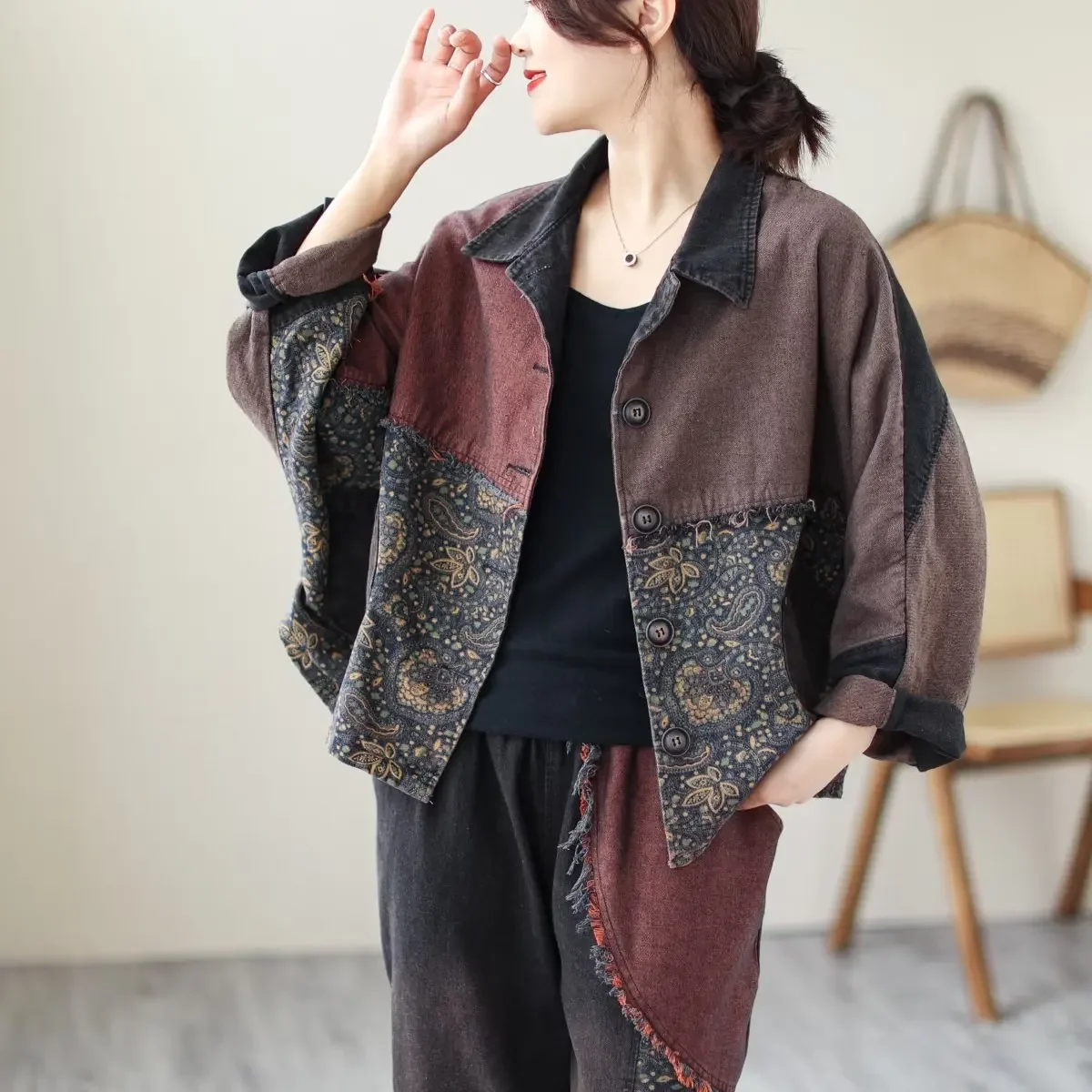 2024 весенние джинсовые пальто женские ретро-принты цветные сращенные