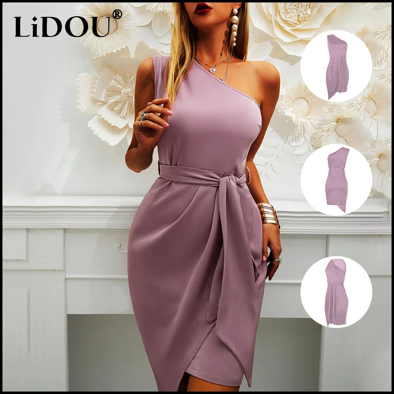 

2022 Elegant Fashion Inclined Shoulder Solid Dresses Women Asymmetrical Chic Sleeveless Belt Party Midi Dress New Casual Vestido