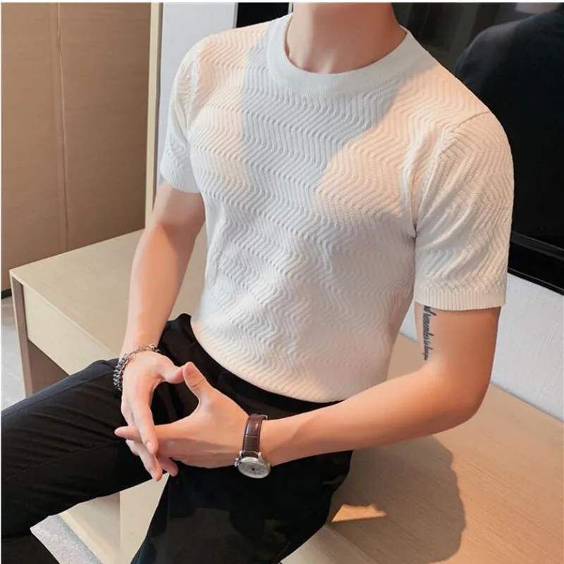 

2022 British Style Men in Summer Wavy Striped Crew-Neck short-sleeved Knit T-Shirts/Man Slim Fit Fahion Leisure T-shirt S-4XL
