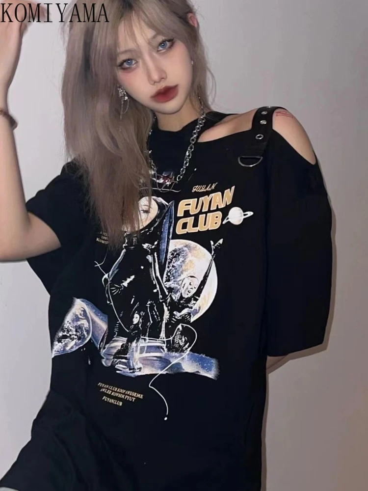 

Skew Collar Short Sleeve Y2k Clothes Off Shoulder Print Harajuku Vintage Tops Spring Casual Loose Streetwear Aesthetic T-shirts