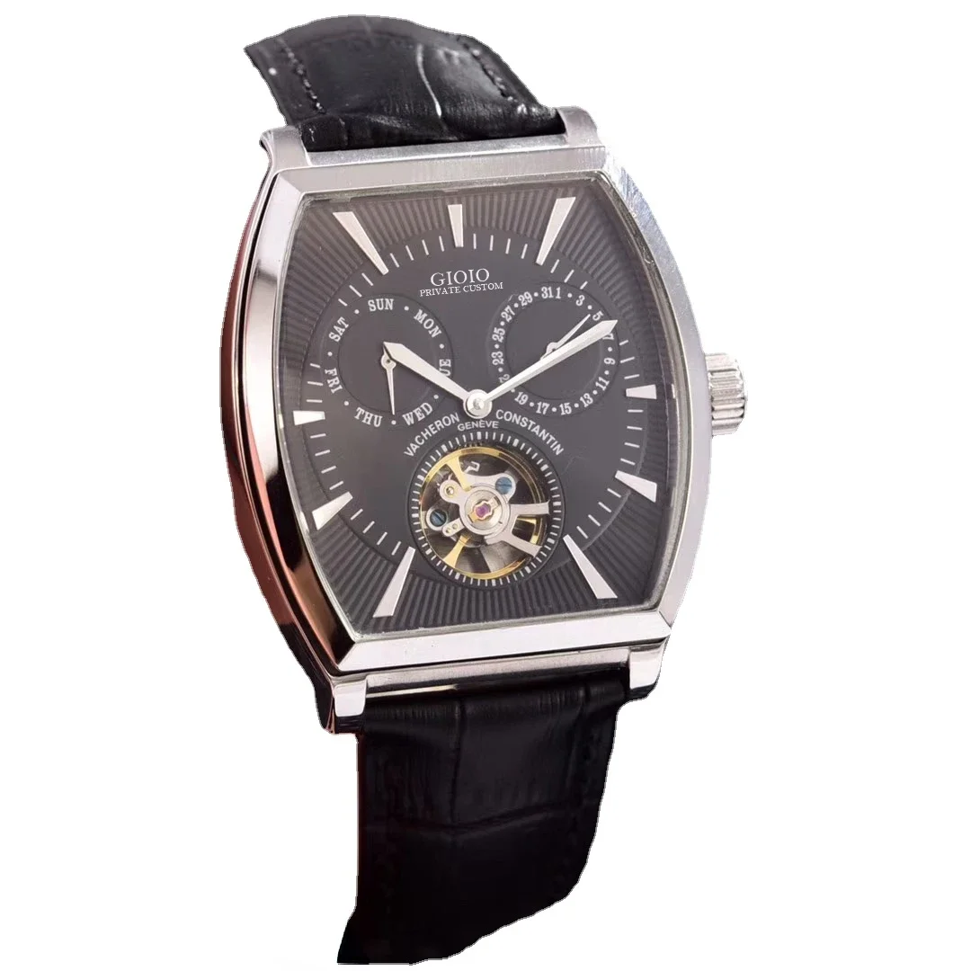 

Мужские автоматические механические часы из черной кожи tourbillion