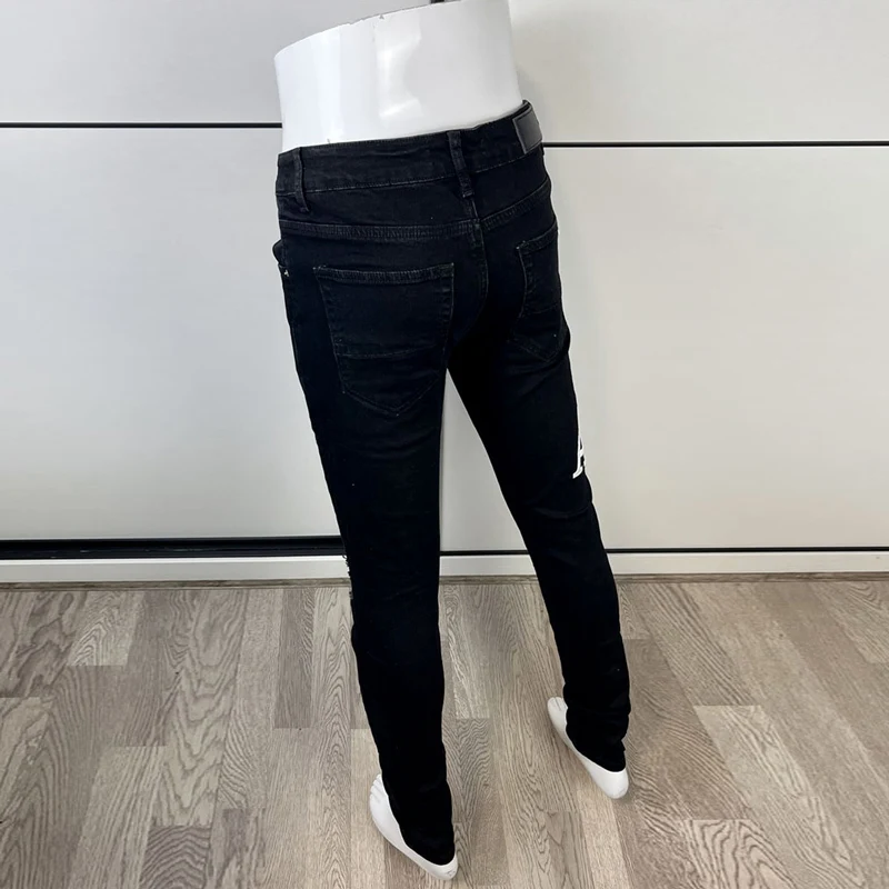 High Street Fashion Men Jeans Black Color Elastic Stretch Skinny Ripped Jeans Men Brand Patches Designer Hip Hop Pants Hombre