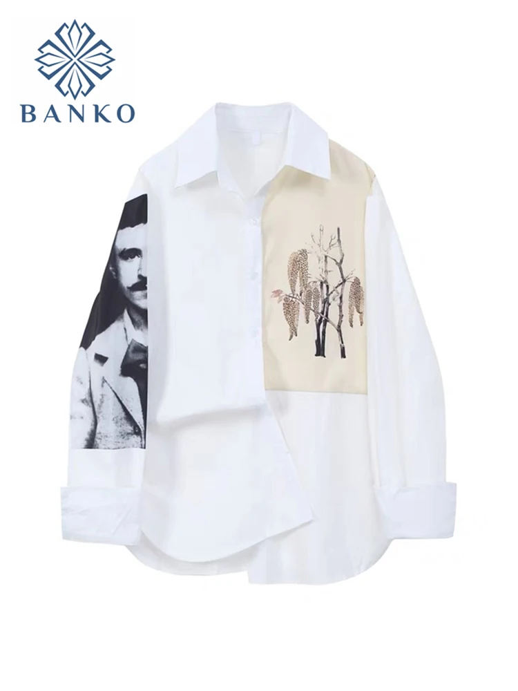 Woman Blouse 2022 Spring Autumn New Long Sleeve Printing Patchwork Clothes Korean Chic All-Match Loose Casual Button Shirt Mujer