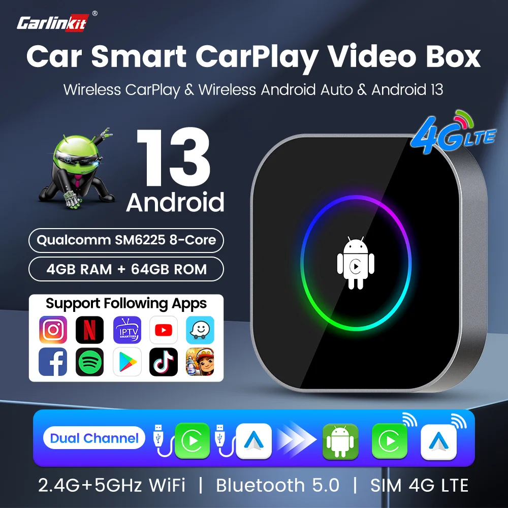Фото CarlinKit Новый CarPlay Ai Box Android 13 Беспроводная Android Auto Smart TV Box Qualcomm 8-ядерный автомобильный навигационный блок воспроизведение онлайн-видео №1