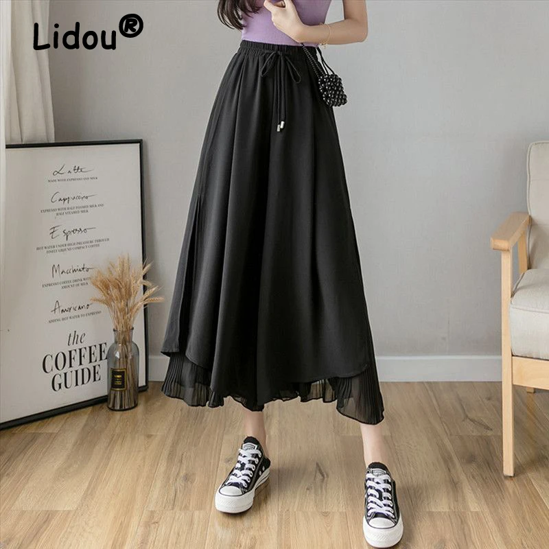 

Женские Плиссированные Асимметричные шифоновые брюки, однотонные свободные брюки с высокой талией и широкими штанинами, в Корейском стиле, лето