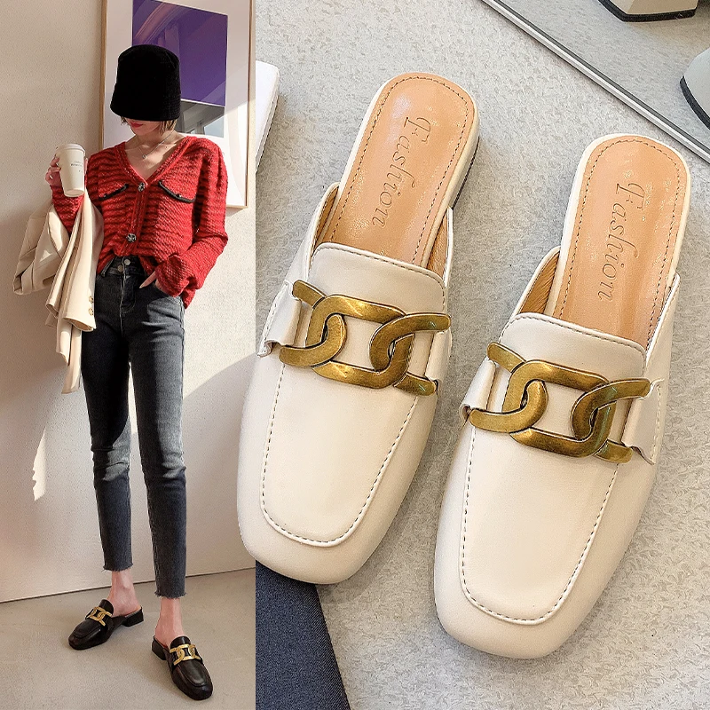 

Female Shoes Mules For Women 2022 Low Square heel Ladies' Slippers Loafers Rivet Cover Toe New Block Rubber Hoof Heels Spring Me