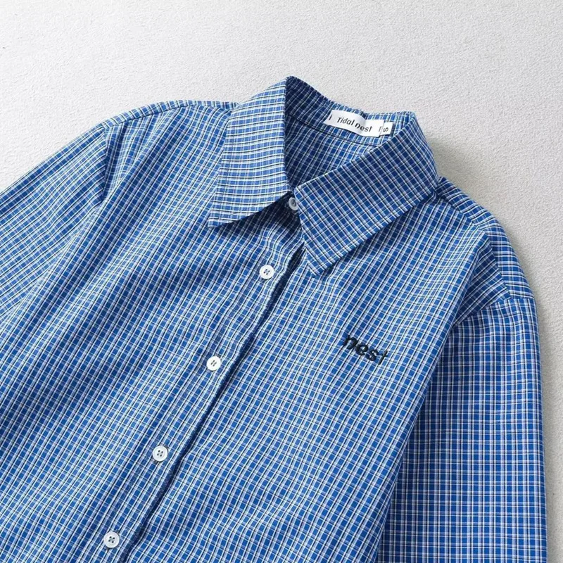 Осень/зима с лацканами 024 синяя клетчатая однобортная рубашка длинными рукавами