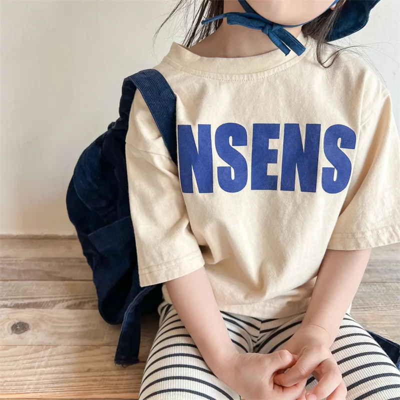 

Children Casual T-shirt Boy Simple Letter Print Short Sleeves Tees Kid Tees Loose Cotton Girls Summer Bottoming Shirt