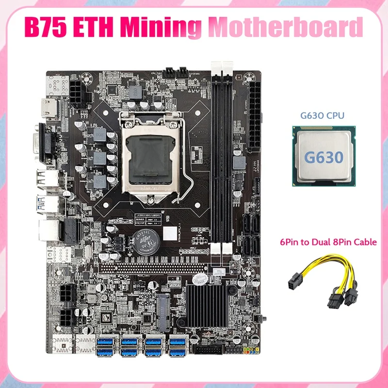 

B75 ETH Mining Motherboard 8XPCIE USB Adapter+G630 CPU+6Pin to Dual 8Pin Cable LGA1155 MSATA B75 USB Miner Motherboard
