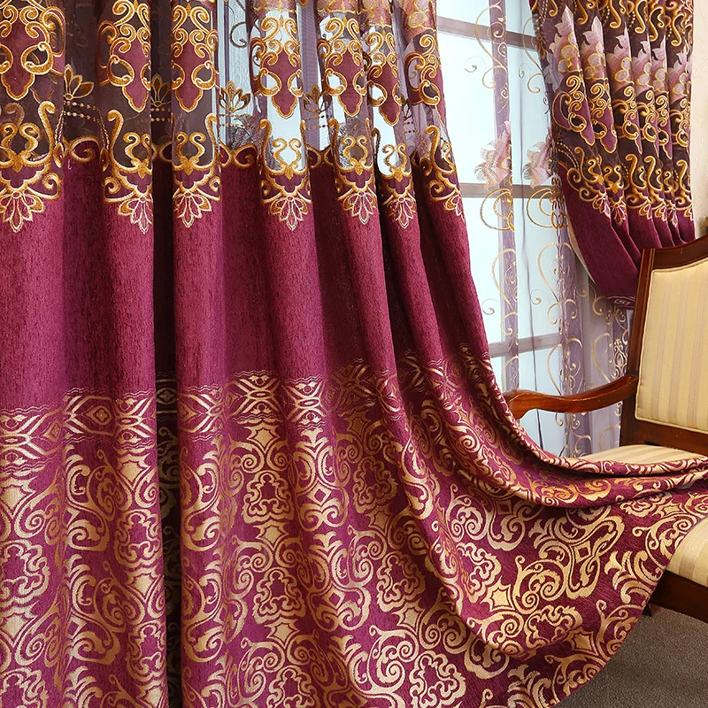 

New European Luxury Living Room Bedroom Jacquard Chenille Hollow Embroidered Blackout Curtains Finished Product Customization