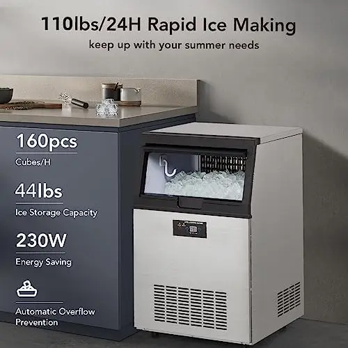 

Commercial Ice Maker Machine 130lbs/24H, Stainless Steel Under Counter ice Machine with 33lbs Ice Storage Capacity, Freestanding