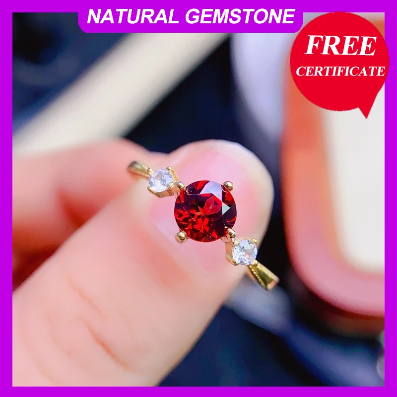 

Оригинальное женское серебряное кольцо с гранатом, 6 мм, с сертификатом, желтое золото 18 К