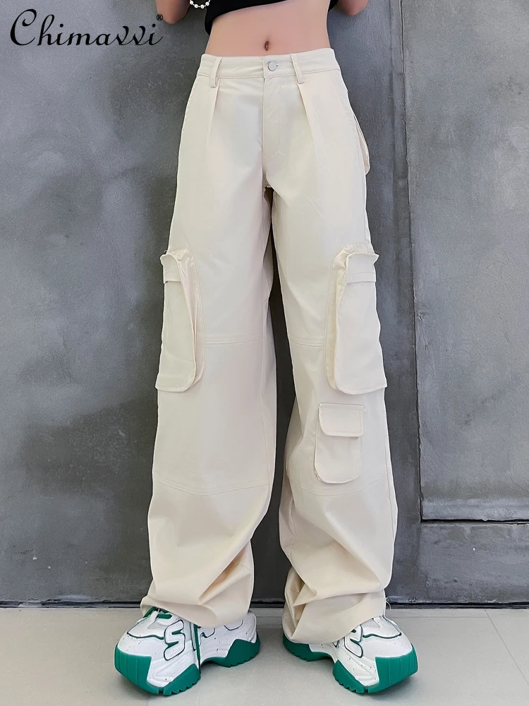 Fashion Wide Leg Pants Women's 2022 Summer New High Waist Slim Large Pocket Personality Drawstring Overalls Thin Casual Pants