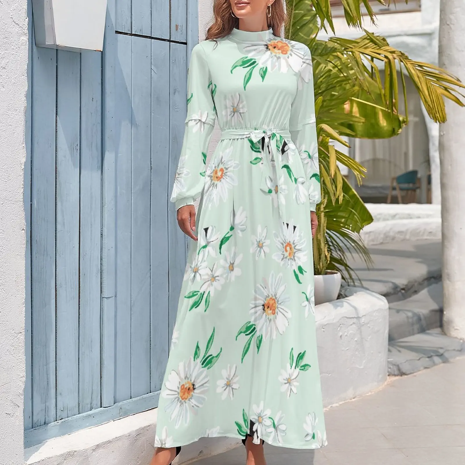 

Green Flower Full Print Long Dress French Style with High Collar 2023 Summer Grace Sweet Clothing Birthday Party Ladies Outfits
