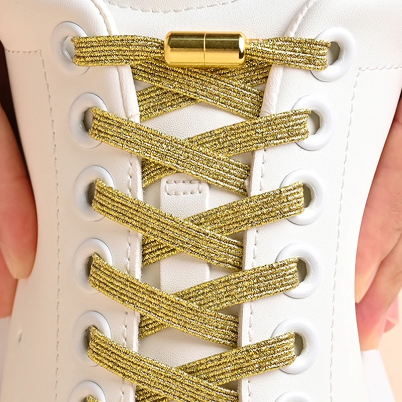 1 זוג סרטי נעליים ללא קשירה עם אבזם צבעוני, סרטי נעליים זהביים עם פנינה בצבעים בהירים, אופנתיים ואלסטיים ללא קשירה ﻿