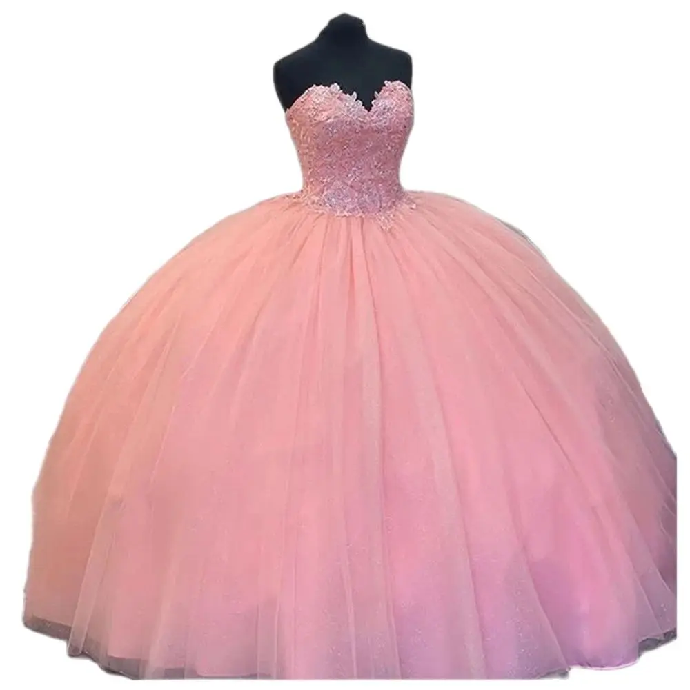 Фото Bealegantom Розовые кружевные платья Quinceanera для 15-летнего бального платья Милая с открытыми плечами Милое 16-длинное платье для выпускного вечера QA716 №1