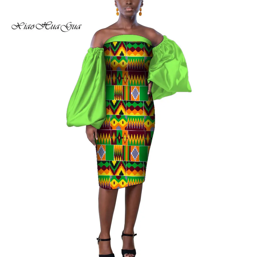 Fashion Off Shoulder African Dresses for Women Africa Print Puff Sleeve Strapless Bodycon Midi Dress for Evening Party WY9207