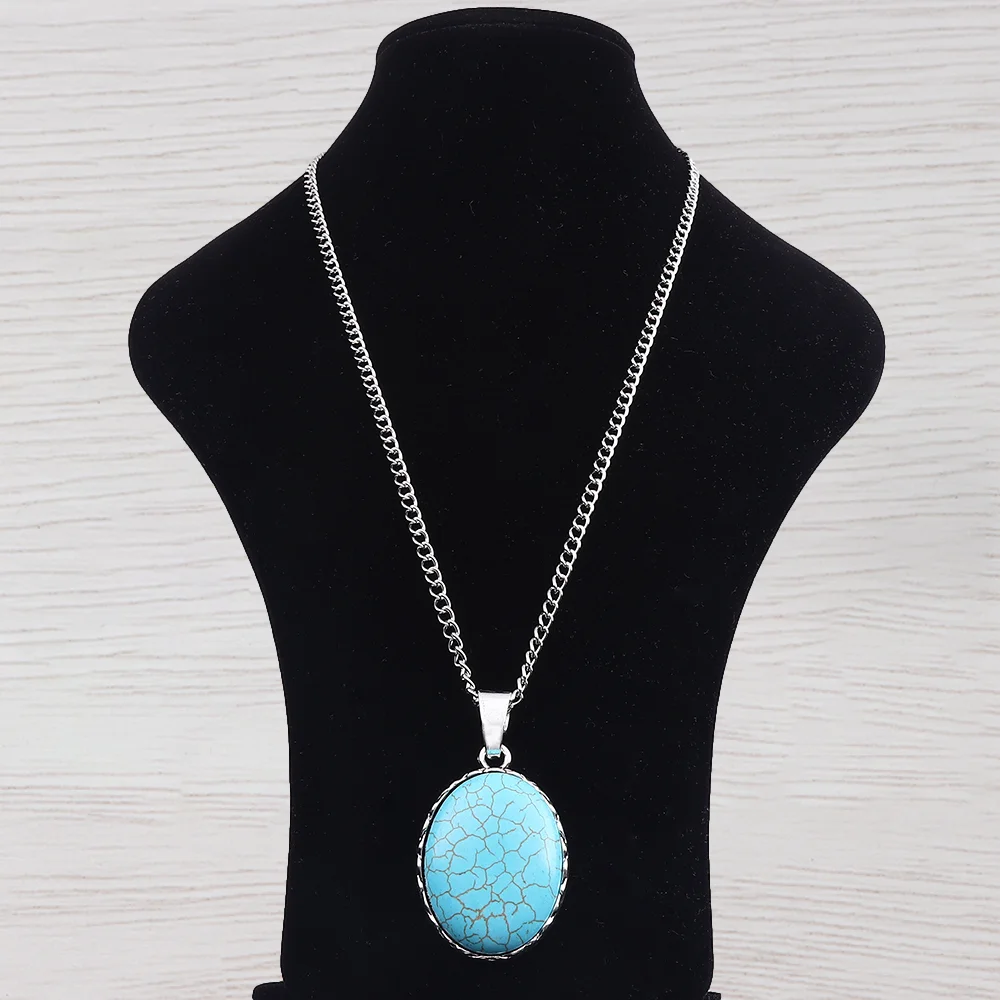 Овальная форма с подвесками из искусственного бирюзового камня ожерелье с кулоном Регулируемая длина длинное ювелирное изделие чокер звеньевая цепь Lagenlook 34 дюйма