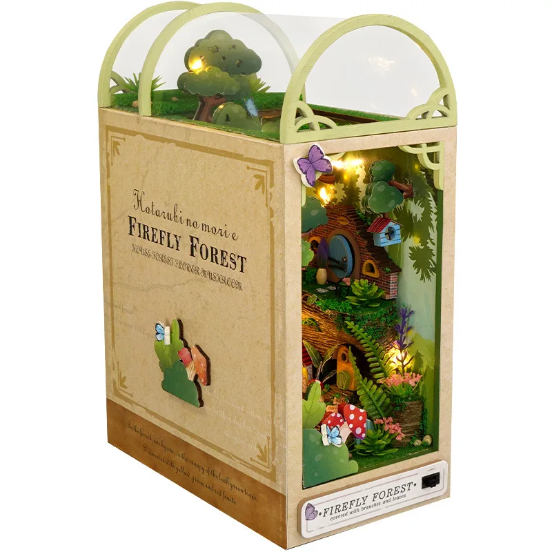 

DIY Book Nook Shelf Insert Kit Eternal Bookstore Dollhouse with Light Miniature House Wooden Toys Model for Adult Gifts