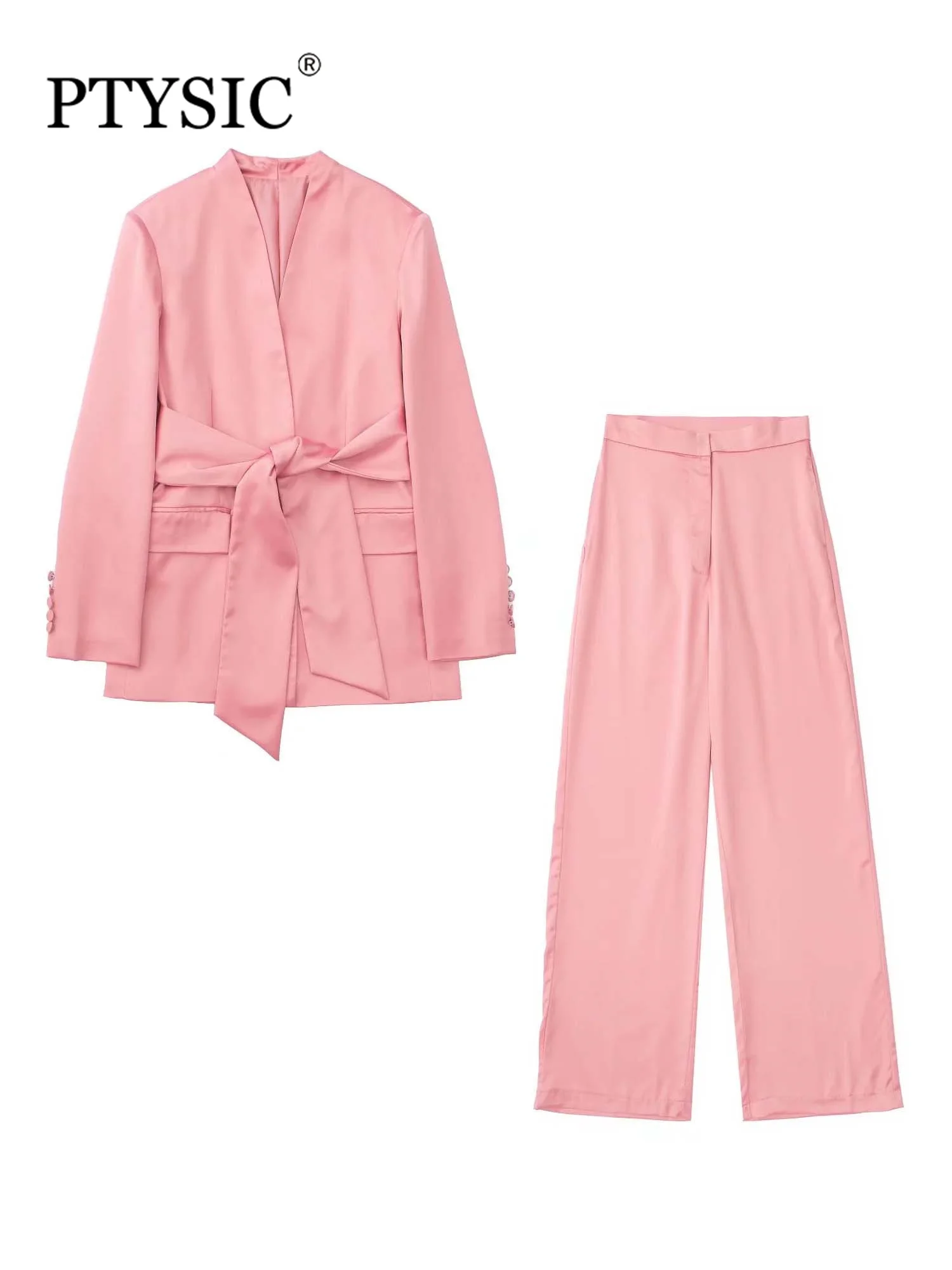 

PTYSIC Women Pink Satin Tied Flap Pockets Sleeve With Buttoned Blazer Coat Zipper Fly Straight Pants Office Lady Two Piece Sets