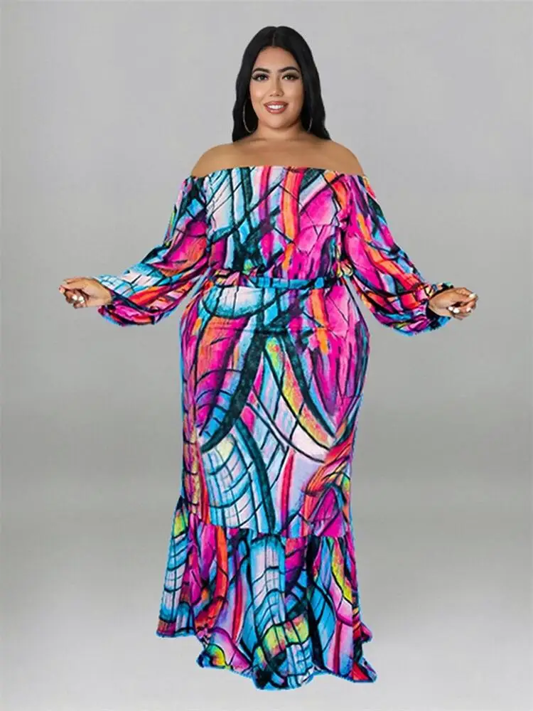 Clothing for Women Plus Size Two Piece Dress Set Long Sleeve Off The Shoulder Top Sexy Large Size Suit Wholesale Dropshipping