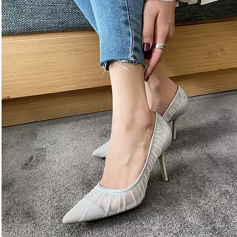 Women's Single Shoes 2023 Summer New Mesh Pointed High Heel Pleated Sexy Banquet Lace Thin Heels Fashion Flat Heels