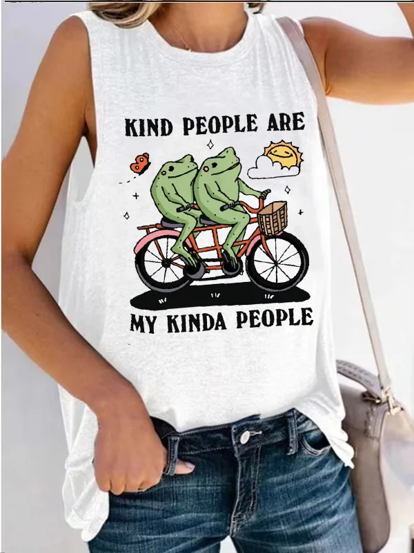 

Cartoon Kind People Are My Kinda People Women Tank Top Two Frogs Riding Bicycles Funny Ladies Undershirt Street Style Jerkin