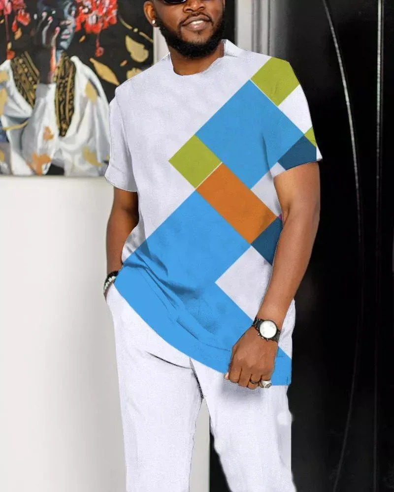 Summer Men T Shirt Short Sleeve Long Pants 2 Piece Striped Oversized Streetwear Casual Suit Trousers Outfit Loose Home Clothing